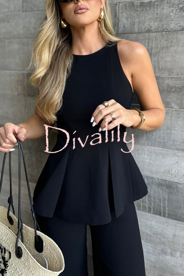 Solid Color Round Neck Sleeveless Casual Top and Loose Straight Pants Set