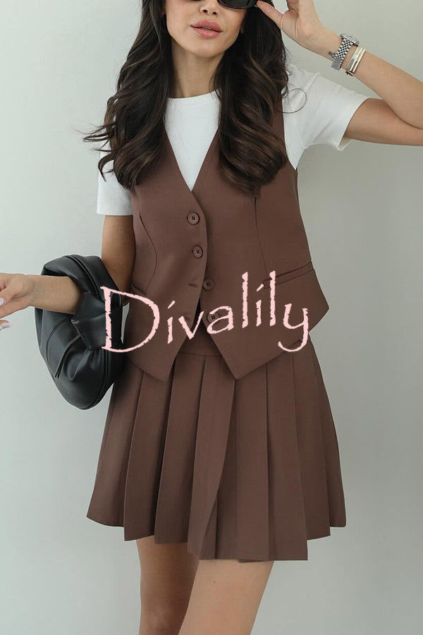 Solid Color Sleeveless Buttoned Vest and High-waisted Pleated Mini Skirt Set