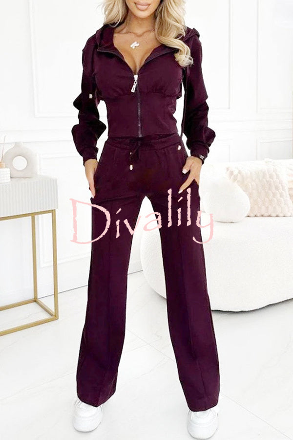 Solid Color Hooded Zip-up Jacket and Elastic Waist Pocket Wide-leg Pants Set