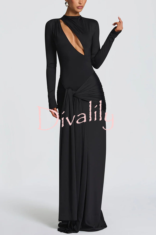 Sexy Cutout Fitted Long-sleeved Pleated Satin Ribbon Maxi Dresses