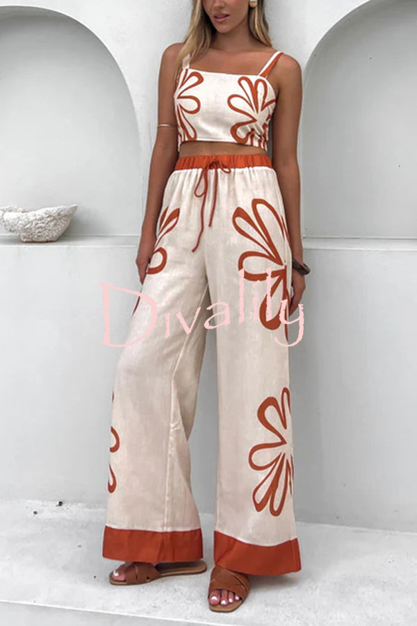 Floral Print Suspender Back Pleated Top and Elastic Waist Drawstring Pants Set