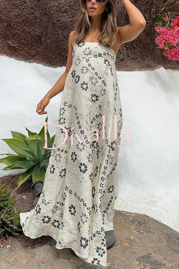 Linen Blend Floral Print Strappy Full-hem Backless Maxi Dress