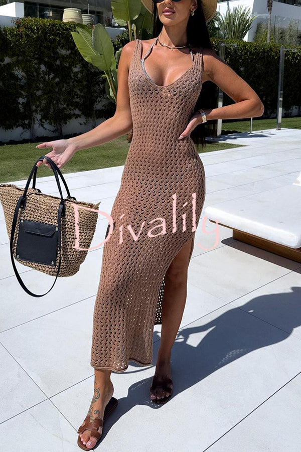 Solid Color V-neck Hollow Beach Knitted Cover-up Midi Dress