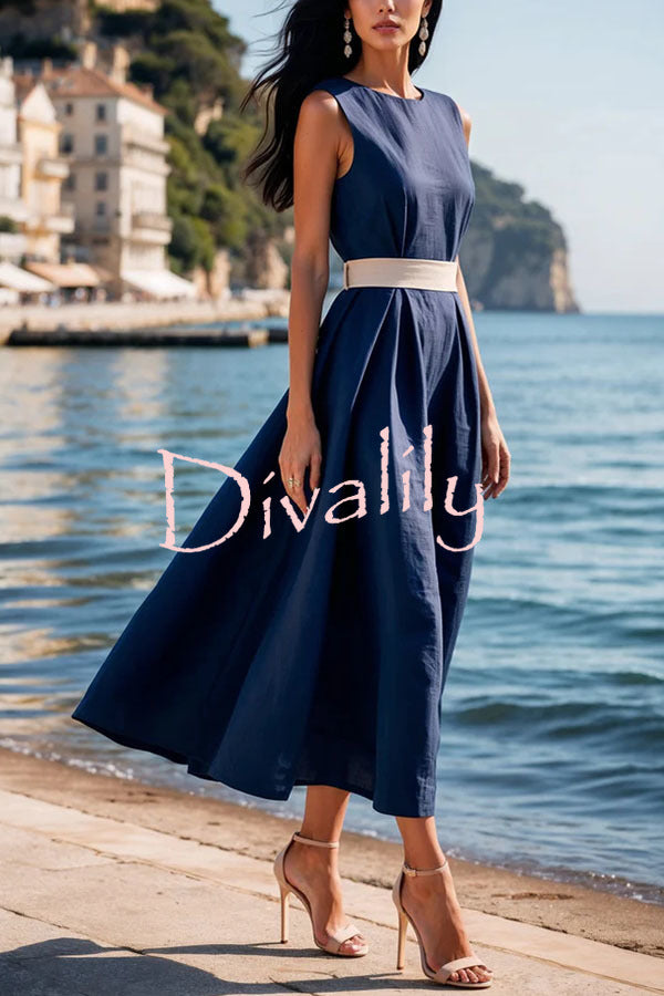 Cannes Beach Linen Blend Waisted Tie-up Midi Dress