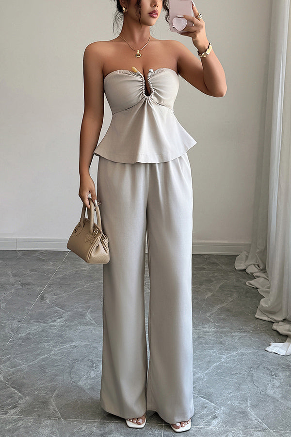 Solid Color Off-shoulder Backless Tube Top and Casual Pocket Straight Pants Set