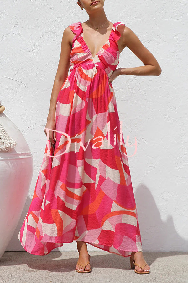 Unique Printed V-neck Ruffled Straps Pleated Back Maxi Dress