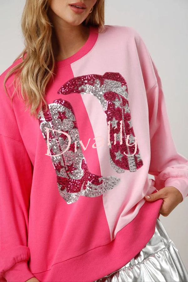 Valentine's Day Sequin Boots Color Block Long Sleeve Sweatshirt