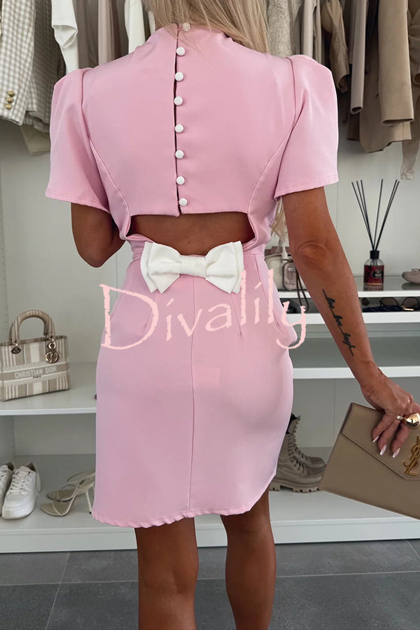 Unique and Romantic Slit Short Sleeve Backless Removable Satin Bow Mini Dress