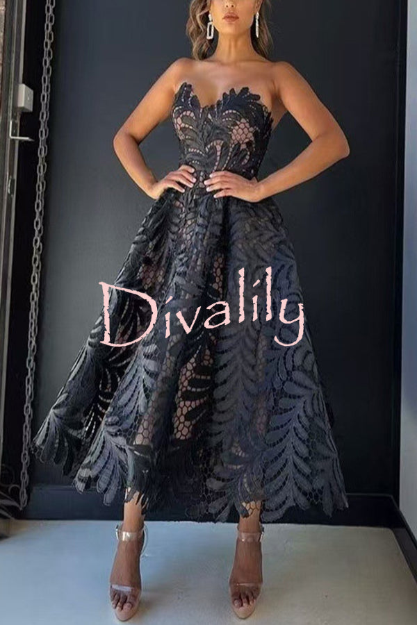 Elegant Openwork Lace Strapless Full-hem Midi Dress