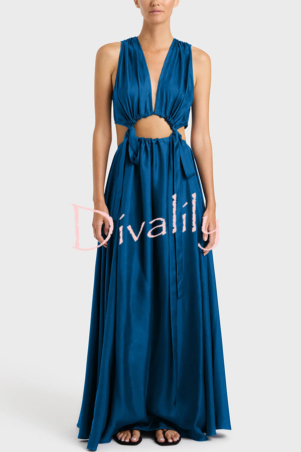 Midnight Charm Satin Ruched Cutout Tie-up Maxi Dress