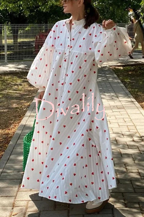 Cute Heart Print Puff Sleeve Loose Shirt Style Maxi Dress