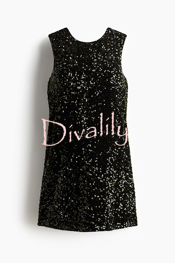 Glam Season Velvet Sequin Back Oversized Bow Design Sleeveless Loose Mini Dress