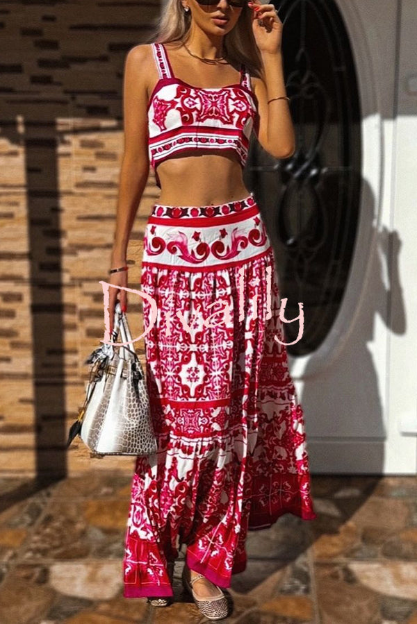 Unique Printed Sexy Sling Tank and Elastic Waist Large Hem Maxi Skirt Set