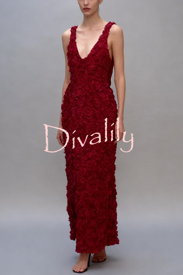 Three-dimensional Flower Sexy V-neck Slim Maxi Dress