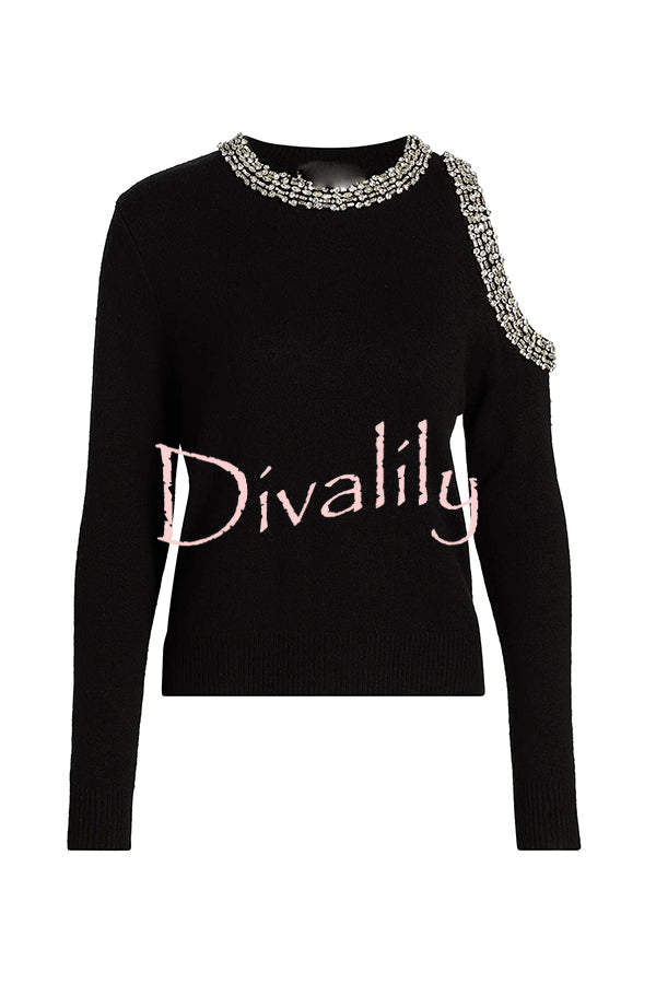 Holiday Party Knit Crystal-Embellished Cut-out Shoulder Long Sleeve Top