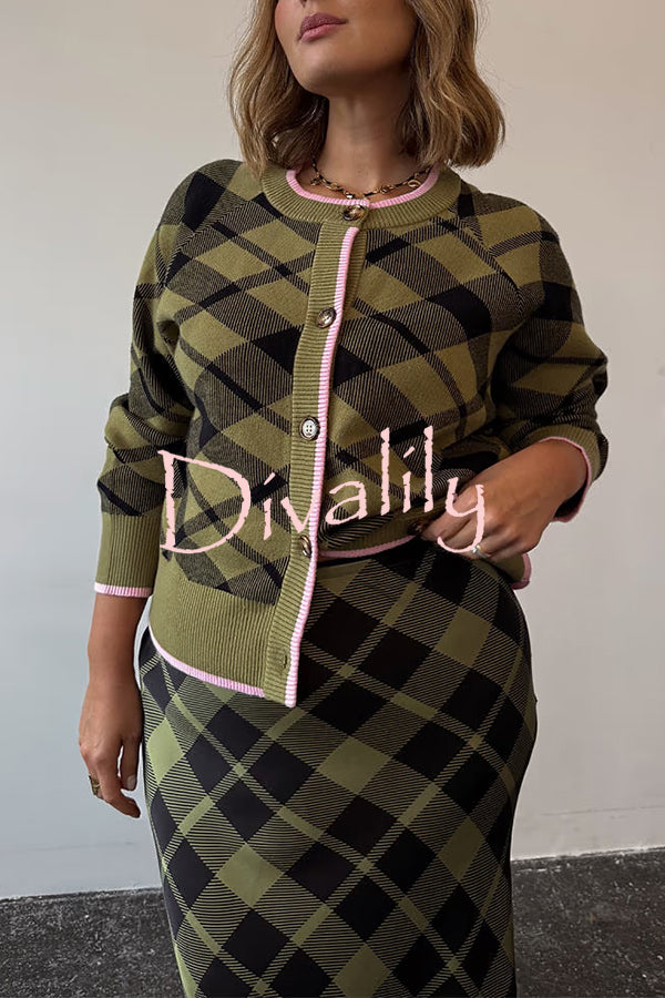 Holiday Plaid Knit Color-blocked Trim Button Long-sleeved Loose Cardigan