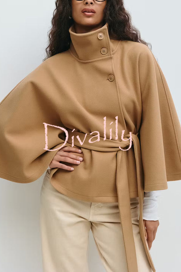 Fashionable Stand Collar Button Waist Tie Loose Cape