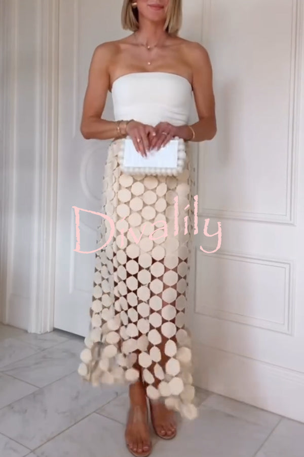 Casie See Through Circle Embroidery Elastic Waist Tassle Hem Maxi Skirt