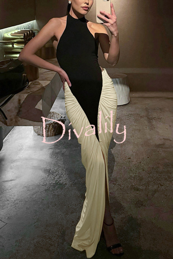 Fashionable Contrast Color Open Back Side Pleated Draped Maxi Dress