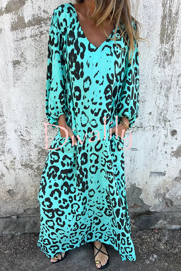 Leopard Print Loose V-neck Pocket Holiday Style Maxi Dress