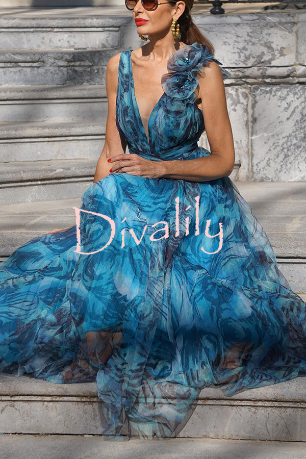 Elegant Romance Tulle Printed Pleated Flower Pendant Maxi Dress