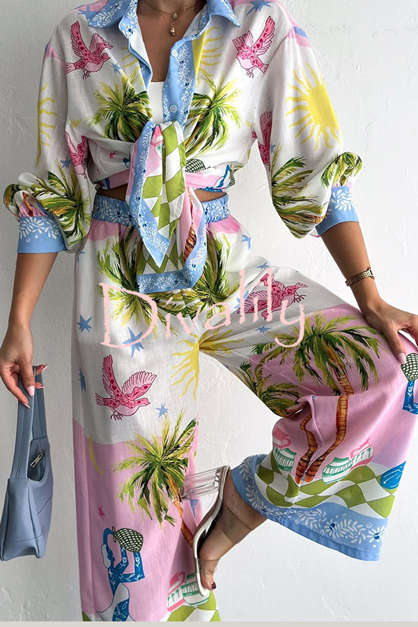 Holiday Style Print Loose Long Sleeve Shirt and Elastic Waist Loose Pocket Wide Leg Pants Set