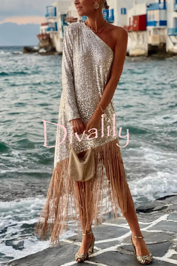 Anika Sequin One Shoulder Sleeve Tassel Hem H-line Midi Dress