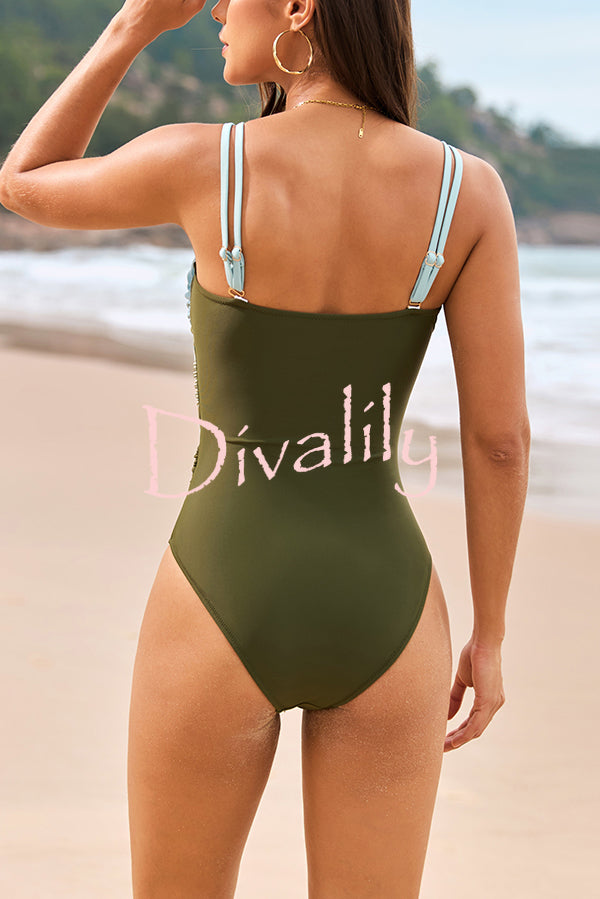 Fashionable Color-blocked Metal Button Stretch One-piece Swimsuit