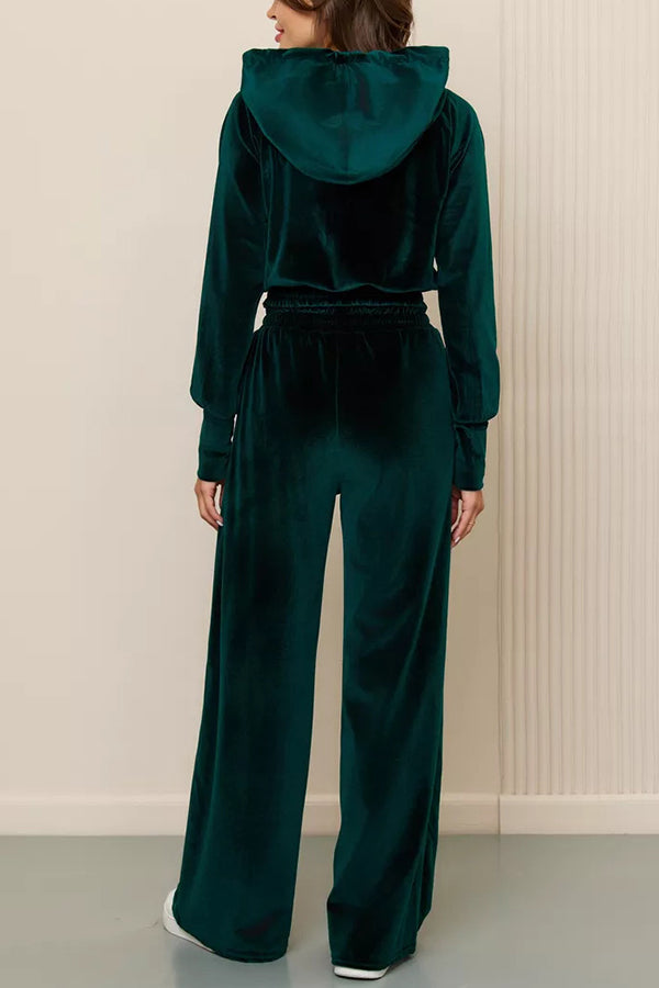 Solid Color Velvet Hooded Zip-up Sweatshirt and Elastic Waist Casual Pocket Straight-leg Pants Set
