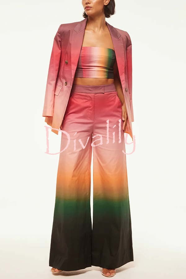 Sunset Dinner Gradient Print Button Lapel Blazer and Pocketed Wide Leg Pants Set