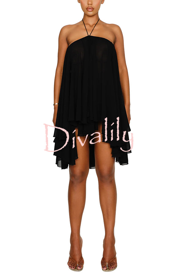 Chiffon Solid Color Halter Backless Irregular Mini Dress