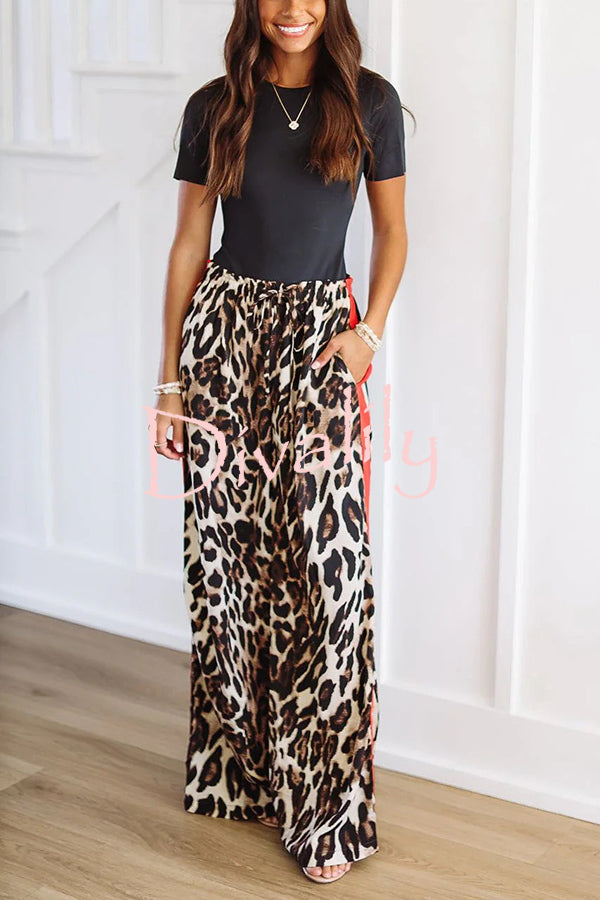 Leopard Print Elastic Waist Pocket Loose Wide Leg Pants