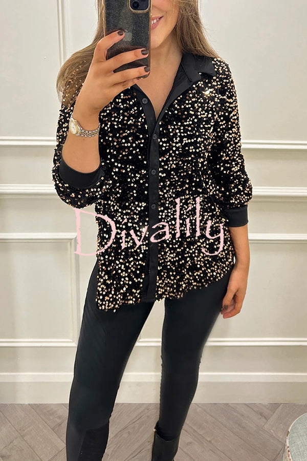 Fashion Velvet Sequined Loose Casual Long-sleeved Shirt