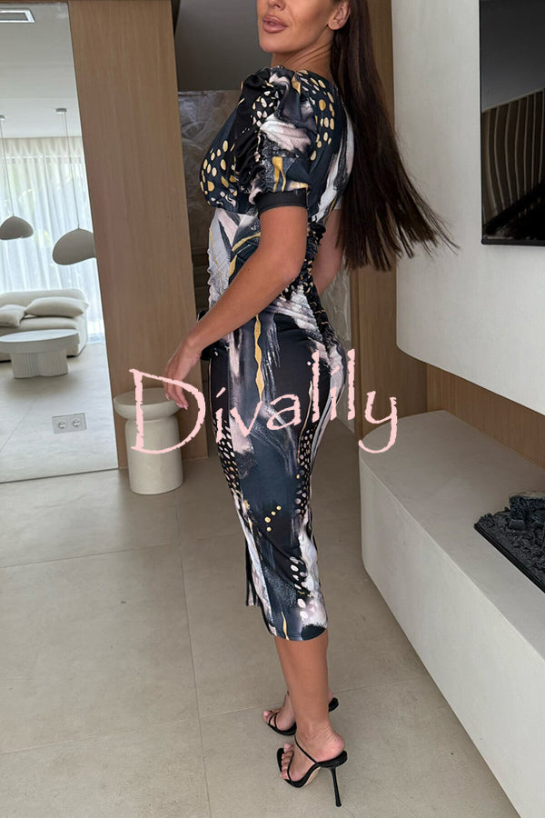 Unique Print V-Neck Puff Sleeve Slit Slim Midi Dress