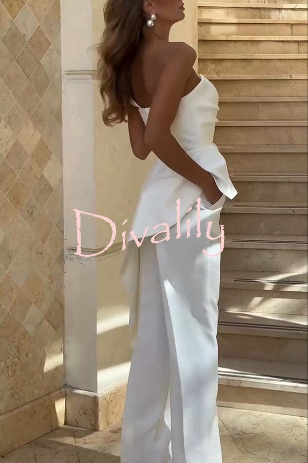 Amena One Shoulder Sweetheart Neck Ruffle Hem Top and Elastic Waist Pocket Wide Leg Pants Set