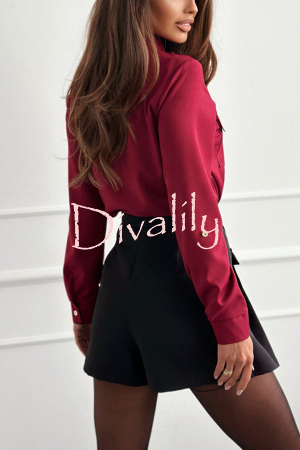 Solid Color Button Pocket Long Sleeve Casual Shirt