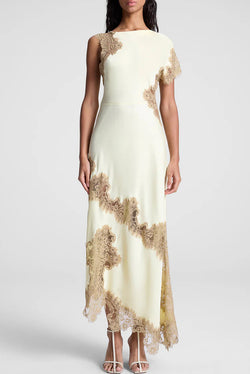 Paris Dream Satin Lace Trim Irregular Design Drape Maxi Dress