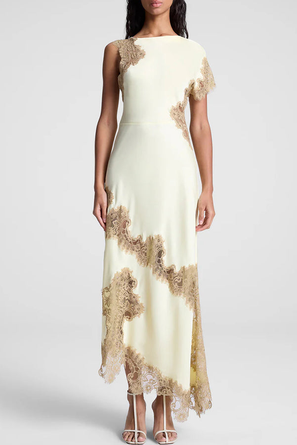 Paris Dream Satin Lace Trim Irregular Design Drape Maxi Dress