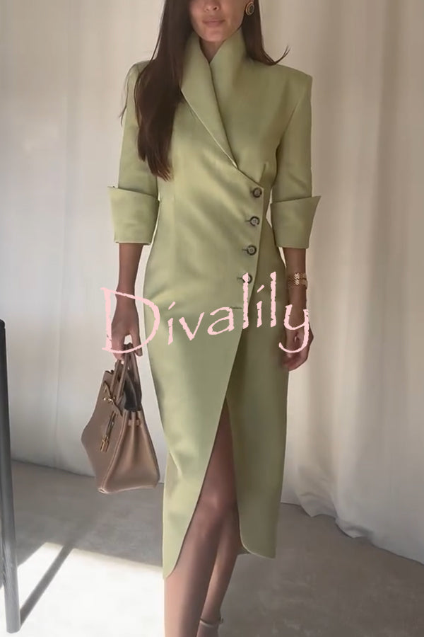 Elegant Look Linen Blend Stand Lapel Neck Half Sleeve Side Button Midi Dress