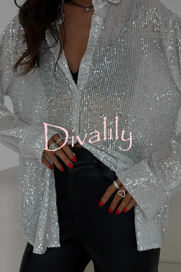 Fashion Sequin Lapel Long Sleeve Loose Shirt