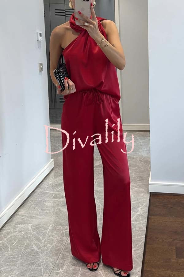 Kelson Satin Drape Neck One Shoulder Top and Elastic Waist Pocket Loose Pants Set