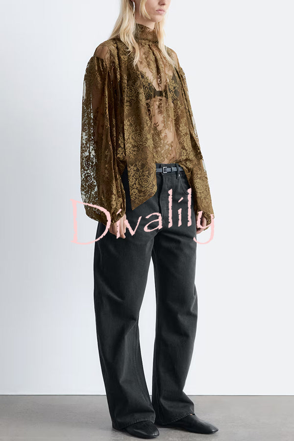 Reigna Semi-sheer Floral Lace Bow Neck Balloon Sleeve Loose Blouse