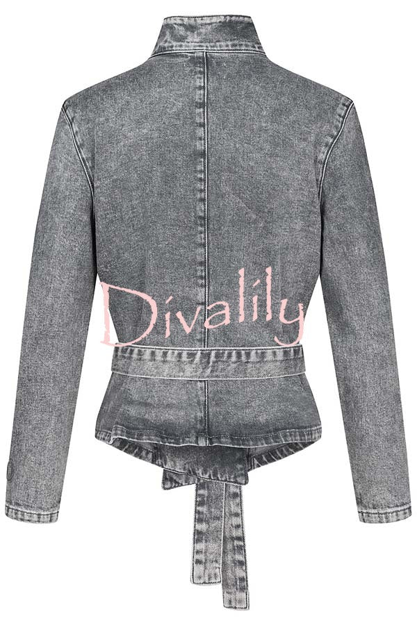 Casual Meetup Denim Stand Neck Long Sleeve Belted Loose Jacket