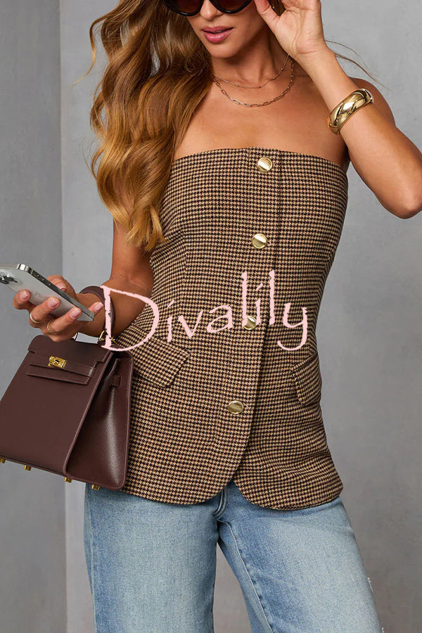 Workplace Vitality Houndstooth Off Shoulder Button Vest Top