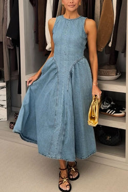 Classic and Stylish Denim Open Back Tie-up Gathered Hip Stretch Midi Dress