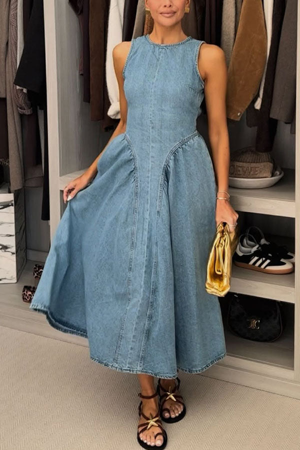 Classic and Stylish Denim Open Back Tie-up Gathered Hip Stretch Midi Dress