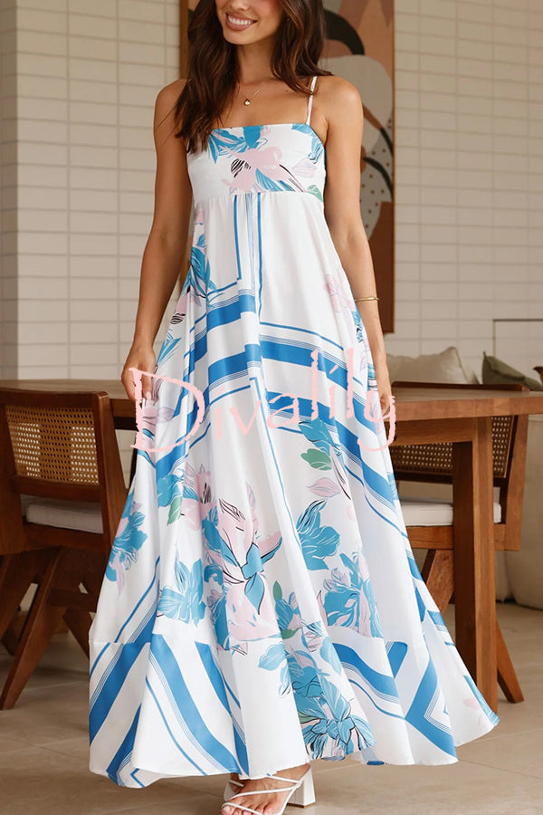 Botanical Print Halter Square Neck Pleated Loose Maxi Dress