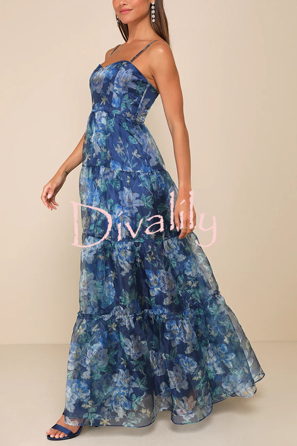 Exclusive Glamour Organza Floral Print Tiered Slip Maxi Dress