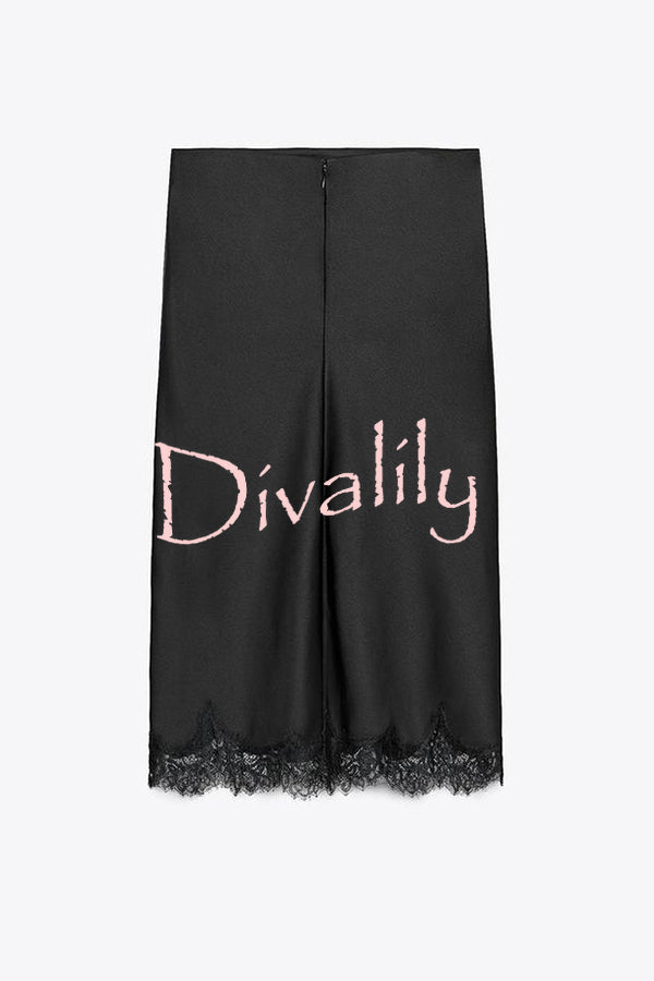Dolly Satin Lace Trim Mid Rise Slit Drape Midi Skirt