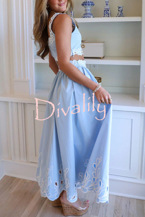 Perfect Vacation Embroidered Trim Crop Tank and Elastic Waist A-line Maxi Skirt Set